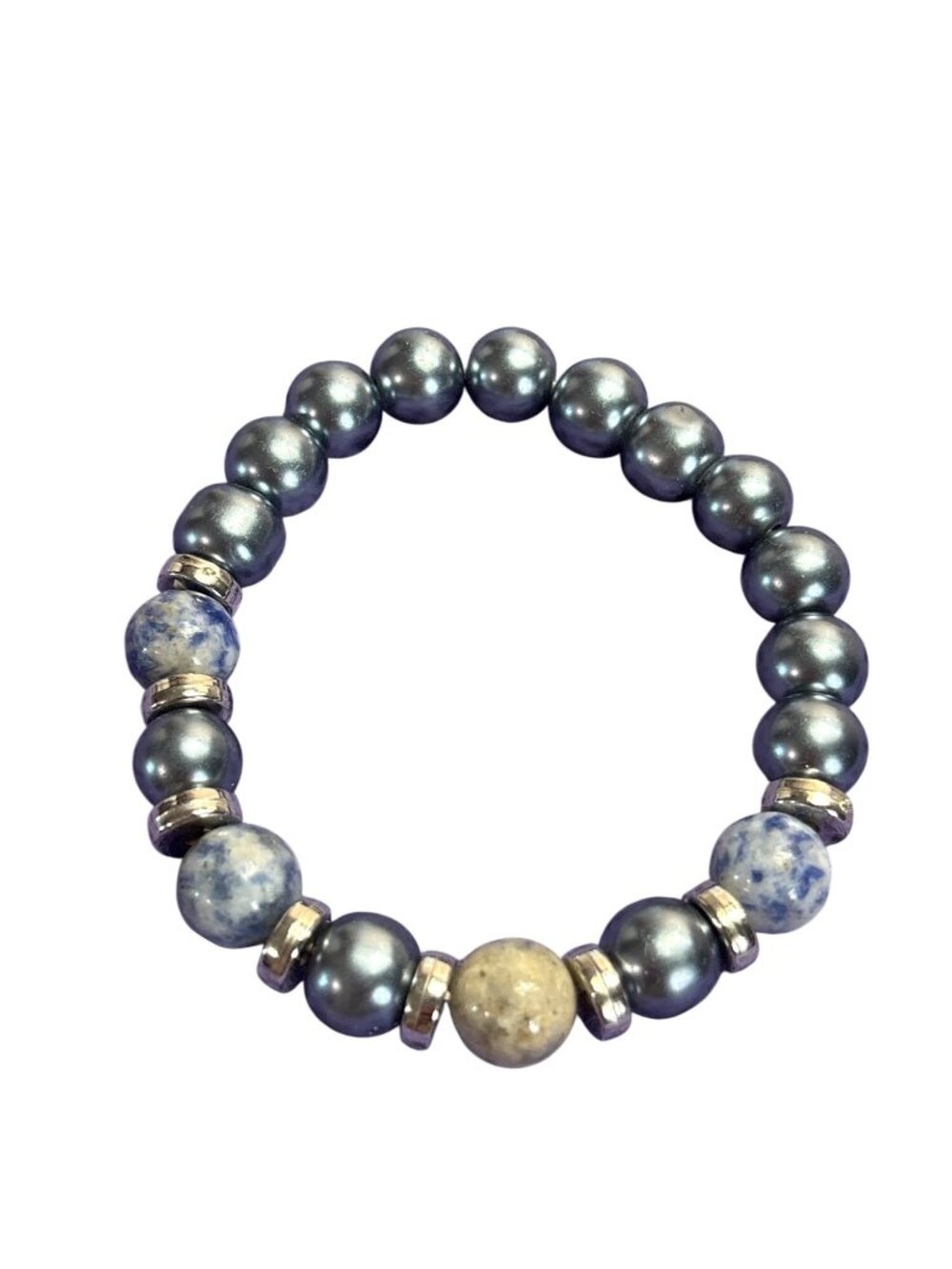 Blue Glass Faux Pearl Sodalite Silvertone Beaded Stretchy Bracelet Unstretched